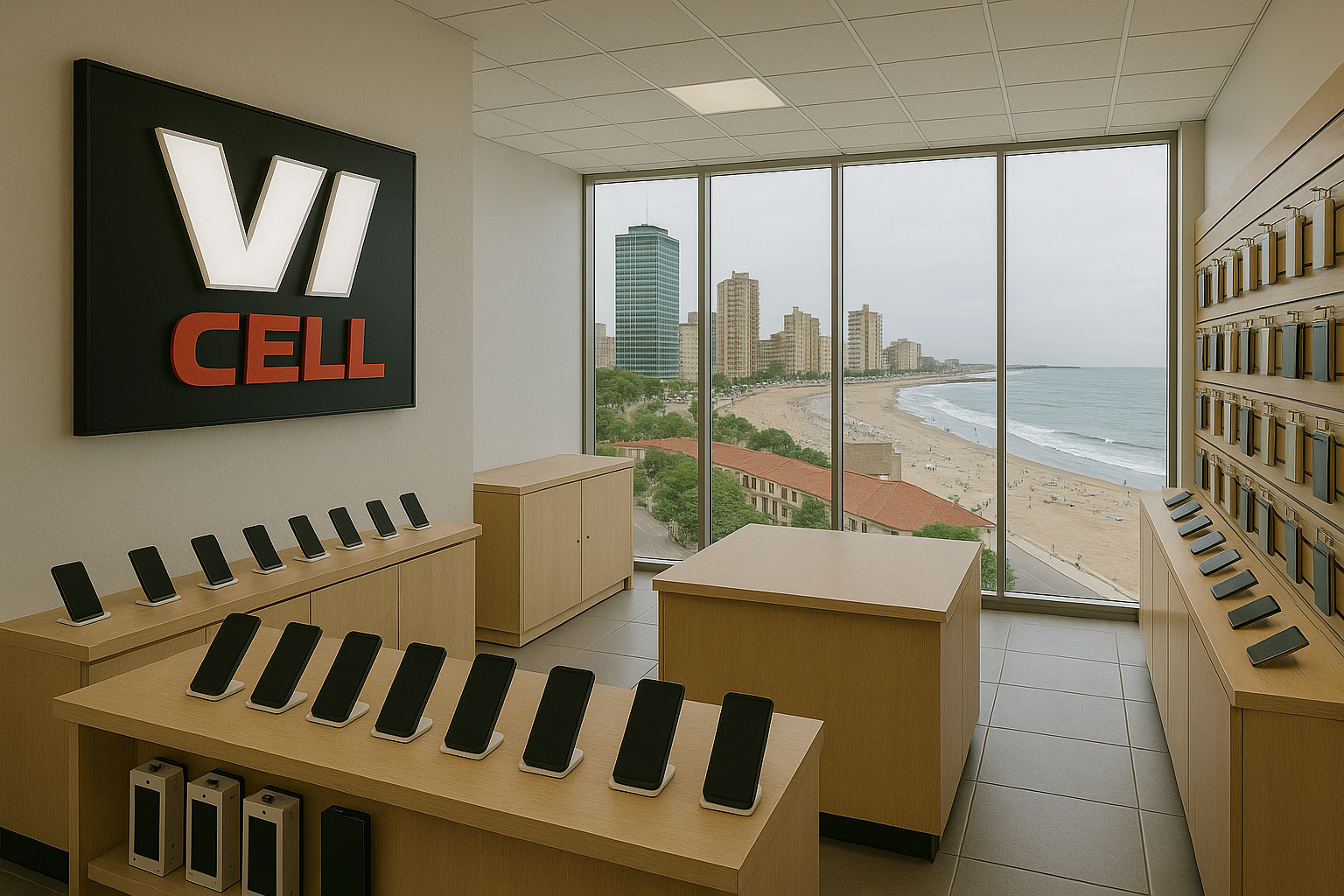 Interior de la tienda VVCell con vista al mar y dispositivos en exhibición